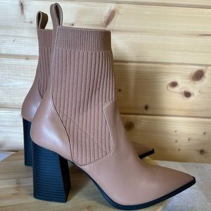 Open edit peachy tan pointy toe chunky heel sock boot bootie size 7